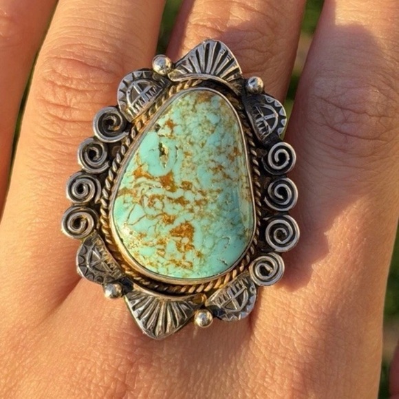 Navajo Sterling Silver Number 8 Turquoise Adjustable Ring Etta Enditto Gift